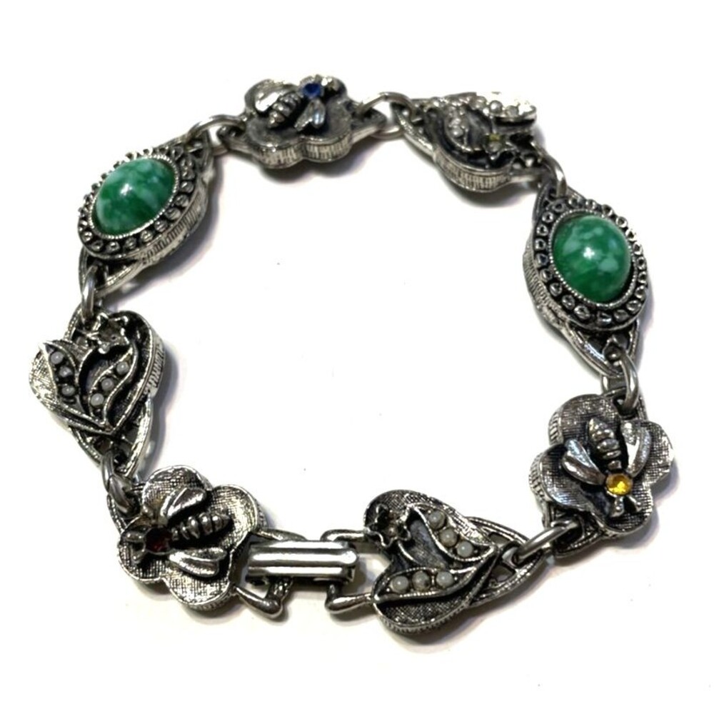 Vintage Bee Bracelet Signed Art Silver Tone Green Stones